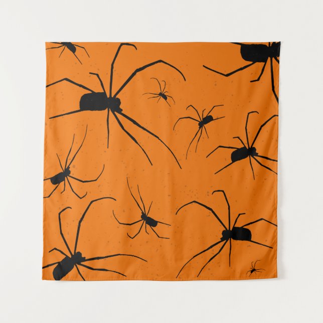 Orange Halloween Spiders Pattern, Black Spider Tapestry (Front)
