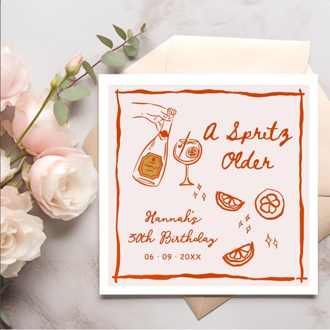 Orange Hand Drawn A Spritz Older Birthday Party Napkin (Creator Uploaded)