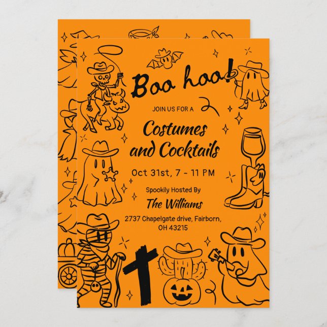 Orange Hand Drawn Cowboy Theme Halloween Party  Invitation (Front/Back)