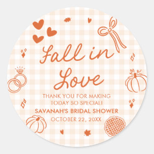 Orange Hand Drawn Fall in Love Bridal Shower Classic Round Sticker