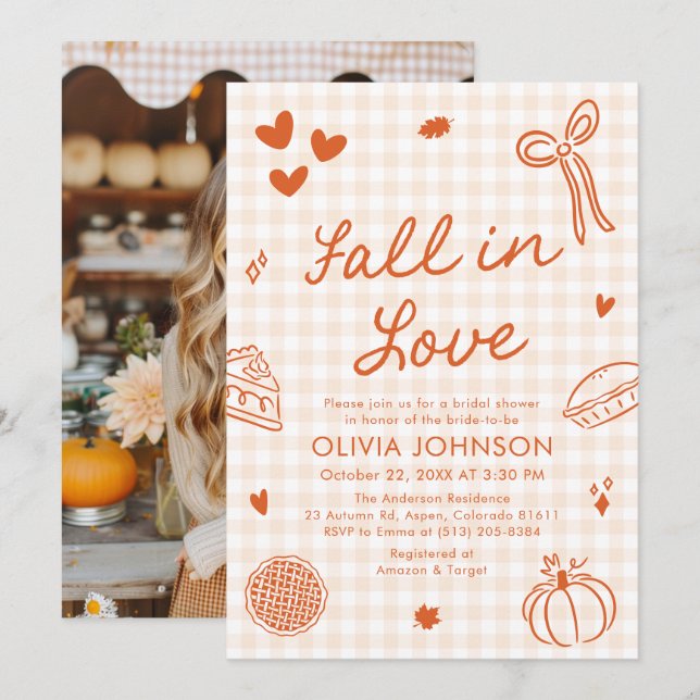 Orange Hand Drawn Fall in Love Bridal Shower Invitation (Front/Back)