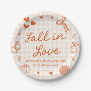 Orange Hand Drawn Fall in Love Bridal Shower Paper Plate