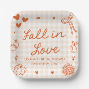 Orange Hand Drawn Fall in Love Bridal Shower Paper Plate