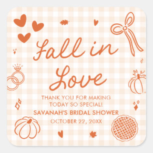 Orange Hand Drawn Fall in Love Bridal Shower Square Sticker