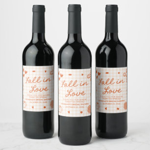 Orange Hand Drawn Fall in Love Bridal Shower Wine Label