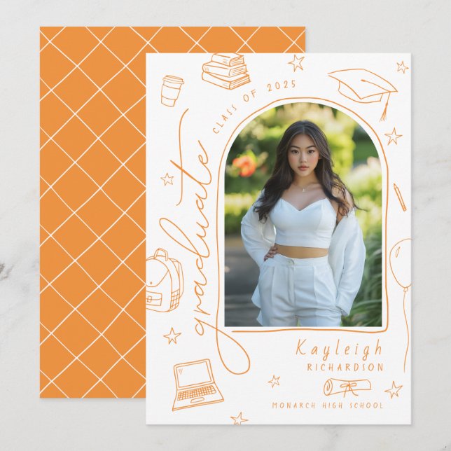 Orange Hand Drawn Photo Graduation Announcement (Front/Back)