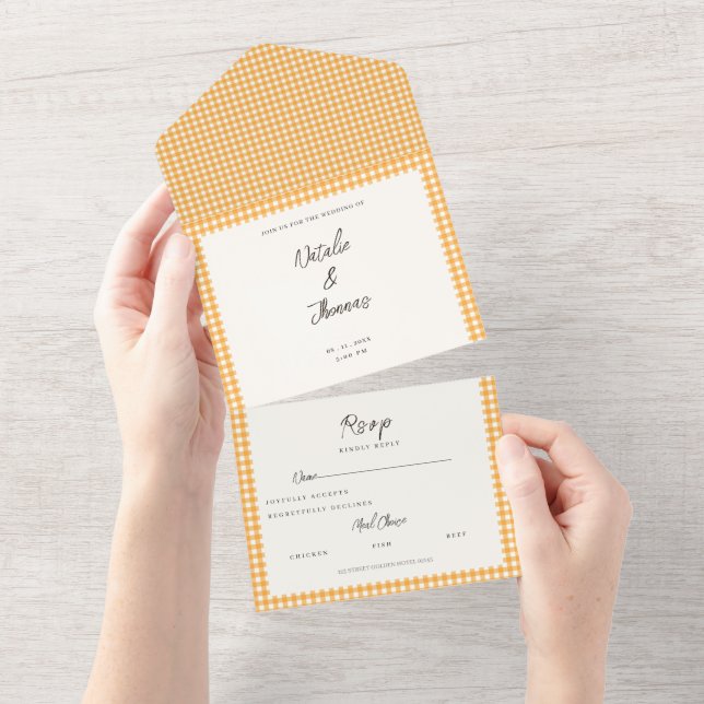 orange handwritten chic script all in one wedding  invitation (Tearaway)