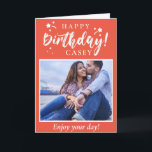 Orange Happy Birthday Custom Photo and Text Card<br><div class="desc">This fun Happy Birthday card features a white celebratory Happy Birthday graphic against an orage background. Add your own photo and the birthday person's name on the front as well as customising the message below. Personalise even more by customising the message inside and/or adding your name(s) - or leaving that...</div>