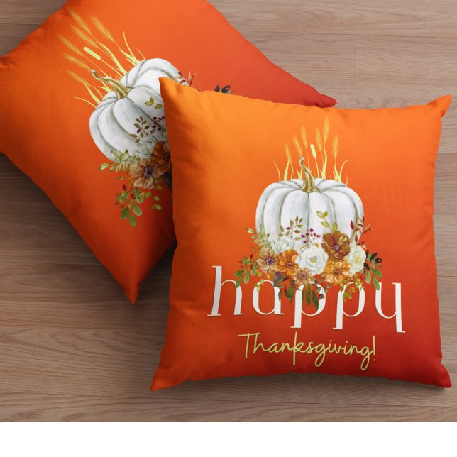 Orange Happy Thanksgiving Autumn Floral Pumpkin Cushion (Creator Uploaded)