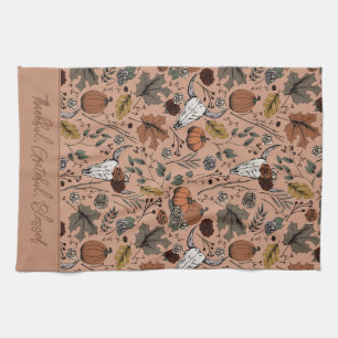 Orange Harvest and Horns Thankful Grateful Blessed Tea Towel