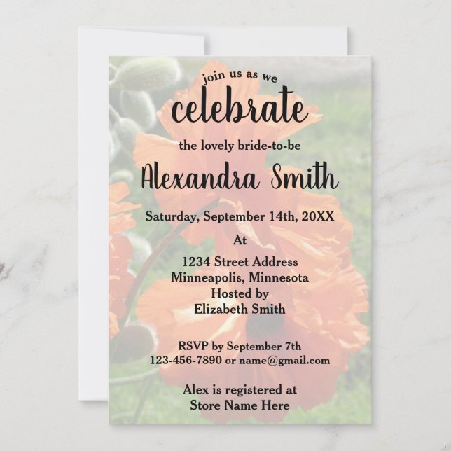 Orange Harvest Moon Oriental Poppies Bridal Shower Invitation (Front)