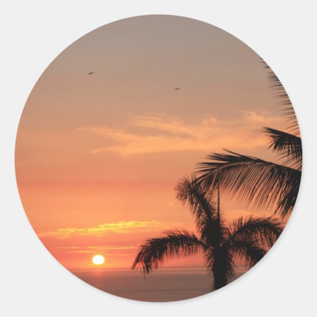 Orange Hawaiian Sunset, Birds and Palm Trees Classic Round Sticker (Front)