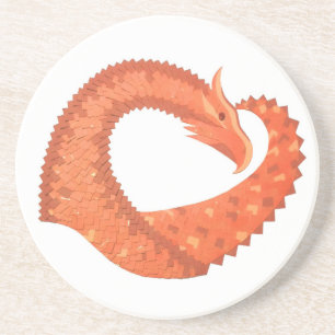 Orange heart dragon on white coaster
