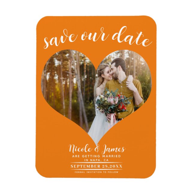 Orange Heart Photo Wedding Save the Date Magnet (Vertical)