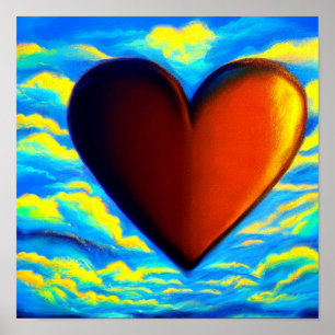 Orange Heart with Blue and Gold Clouds Poster