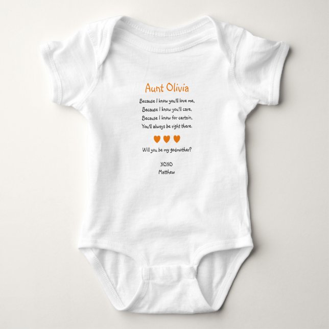 Orange Hearts Will You Be My Godmother Proposal Baby Bodysuit (Front)