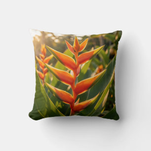 Orange Heliconia Tropical Flower Golden Hour  Cushion