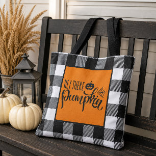 Orange Hey There Pumpkin Buffalo Plaid Halloween Tote Bag