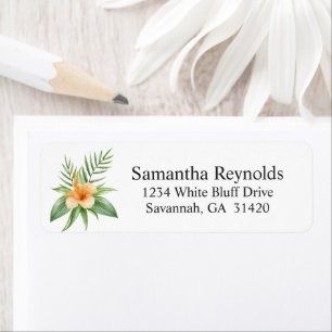 Orange Hibiscus and Palm Frond Tropical Floral Return Address Label