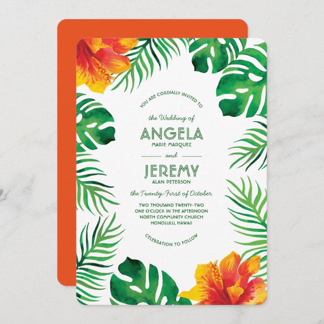 Orange Hibiscus and Tropical Leaves 2 Wedding Invitation (Front/Back)