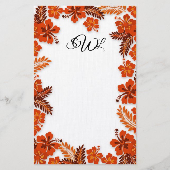 Orange Hibiscus Border Monogrammed Blank Paper (Front)