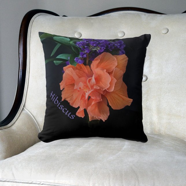 Orange Hibiscus Flower Dramatic Black Cushion (Creator Uploaded)