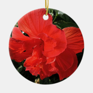 Orange Hibiscus Flower Merry Christmas Holiday Ceramic Ornament