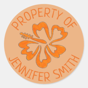 Orange Hibiscus Flower Personalised Property of Classic Round Sticker