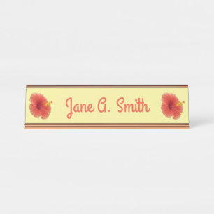 Orange Hibiscus Flower Tropical Floral Desk Name Plate