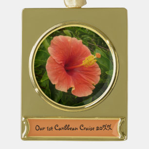 Orange Hibiscus Flower Tropical Floral Gold Plated Banner Ornament