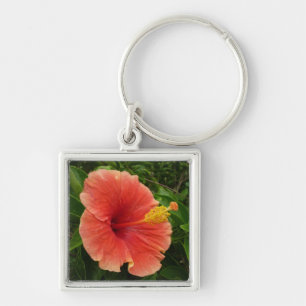 Orange Hibiscus Flower Tropical Floral Key Ring