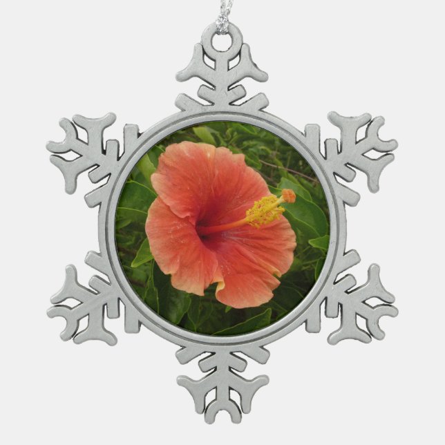 Orange Hibiscus Flower Tropical Floral Snowflake Pewter Christmas Ornament (Front)