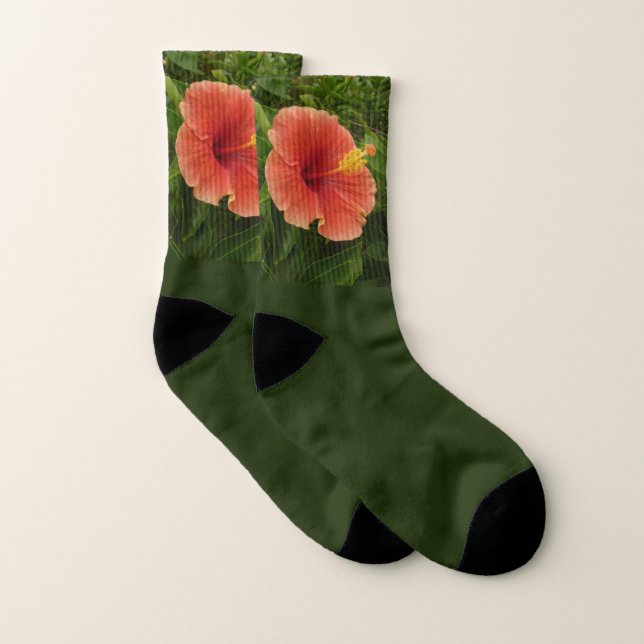 Orange Hibiscus Flower Tropical Floral Socks (Pair)