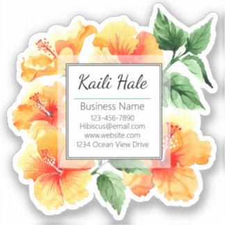 Orange Hibiscus Flower Vinyl Business Card Sticker