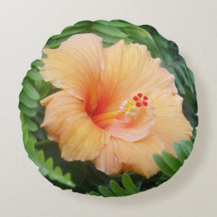 Orange Hibiscus Flower with Ferns Round Cushion