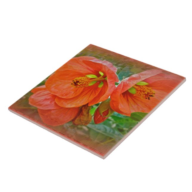 Orange Hibiscus Flowers Ceramic Tile (Side)
