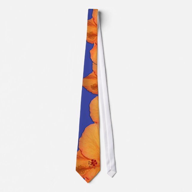 Orange Hibiscus Flowers on Blue Necktie (Front)