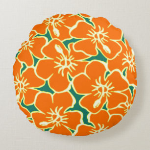 Orange Hibiscus Flowers Tropical Hawaiian Luau Round Cushion
