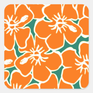 Orange Hibiscus Flowers Tropical Hawaiian Luau Square Sticker