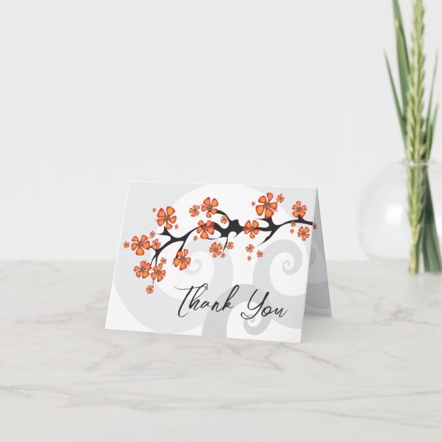 Orange Hibiscus Fusion Grey Swirl Tropical Wedding Invitation (Front)
