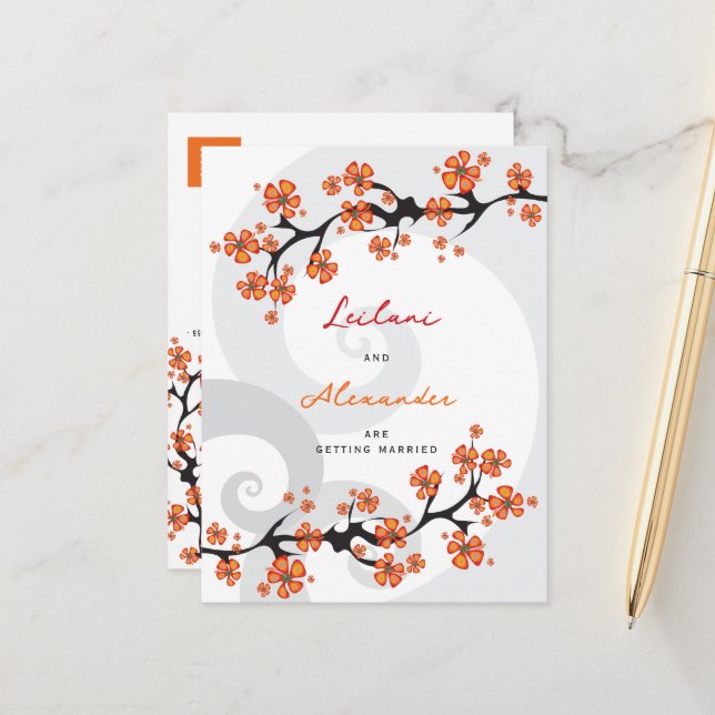 Orange Hibiscus Grey Swirls Tropical Save The Date Announcement Postcard (Front/Back In Situ)