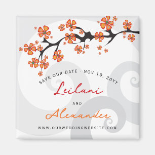 Orange Hibiscus Grey Swirls Tropical Save The Date Magnet