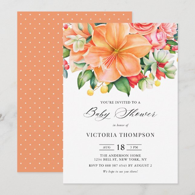 Orange Hibiscus Succulents Tropical Baby Shower Invitation (Front/Back)