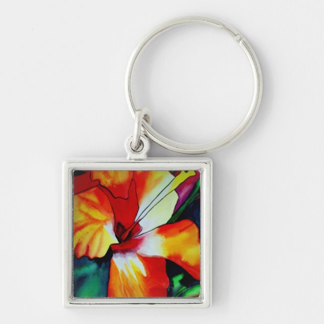Orange Hibiscus tropical flower watercolor art Key Ring (Front)