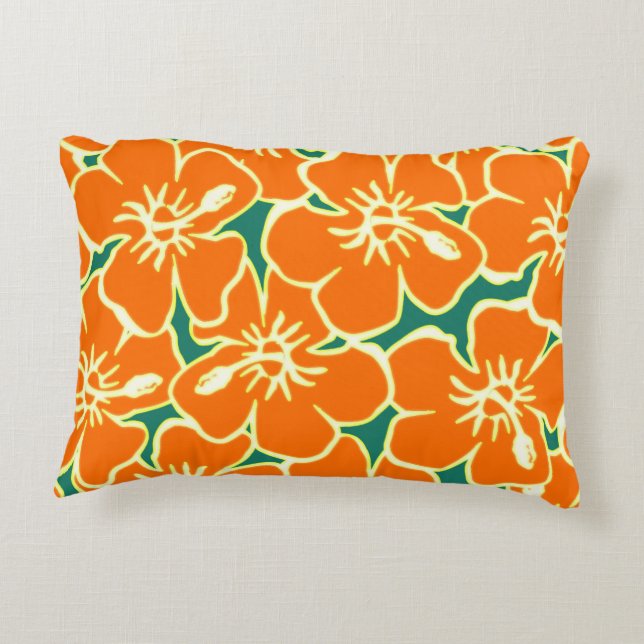 Orange Hibiscus Tropical Flowers Hawaiian Pillow (Back)