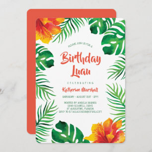 Orange Hibiscus Tropical Leaves Birthday Luau Invitation