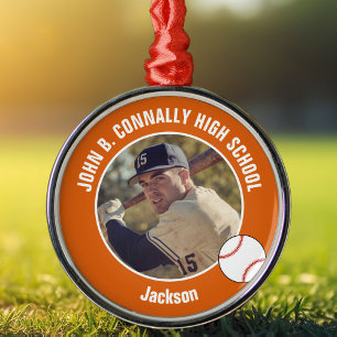 Orange High School Baseball Player Photo Christmas Metal Ornament