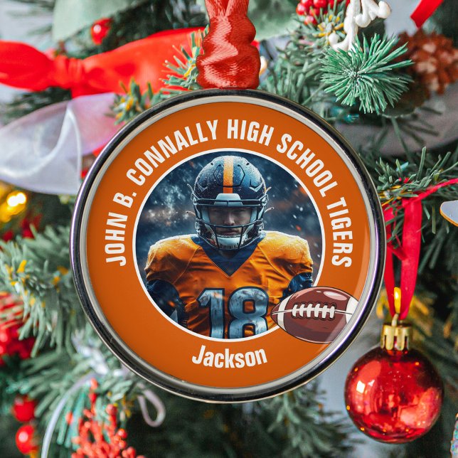 Orange High School Football Player Photo Christmas Metal Ornament (Creator Uploaded)