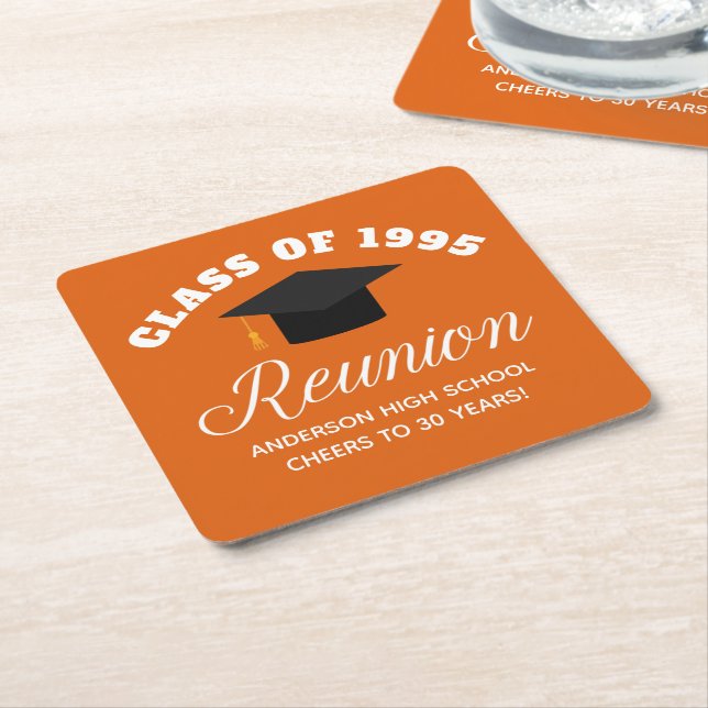 Orange High School Reunion Personalised Party Square Paper Coaster (Angled)