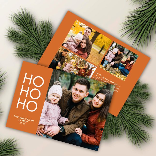 Orange "HO HO HO" Photo Collage Christmas Holiday Card (Creator Uploaded)